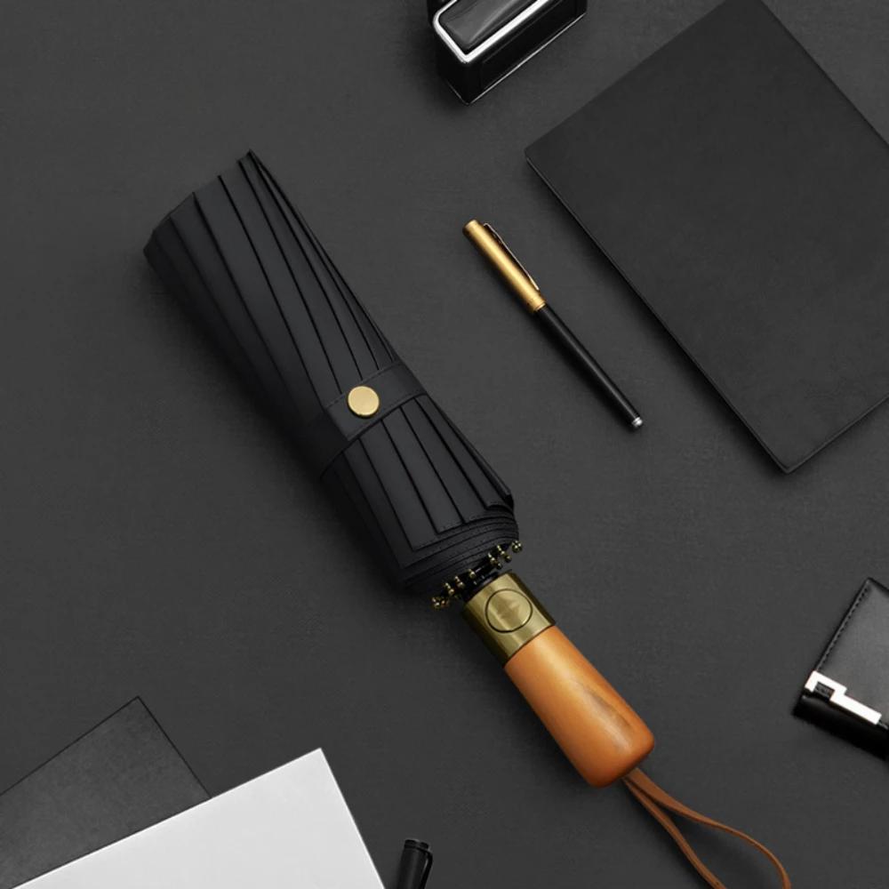 Wooden Handle Umbrella Automatic Uv Resistant Umbrella Men High-End Business Folding Umbrellas Dual-Purpose Windproof Umbrellas