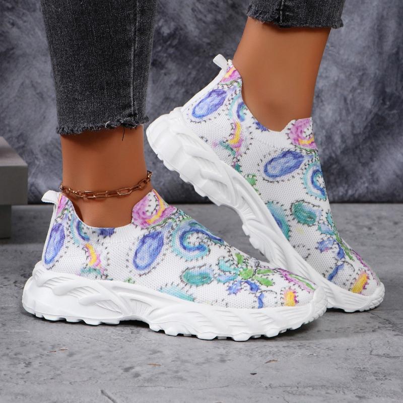 Mode Mehrfarbige Sneakers mit Blumendruck Damenmode Strass Mesh Sportschuhe Dicke Plateauschuhe Lässige und Bequeme Damenschuhe