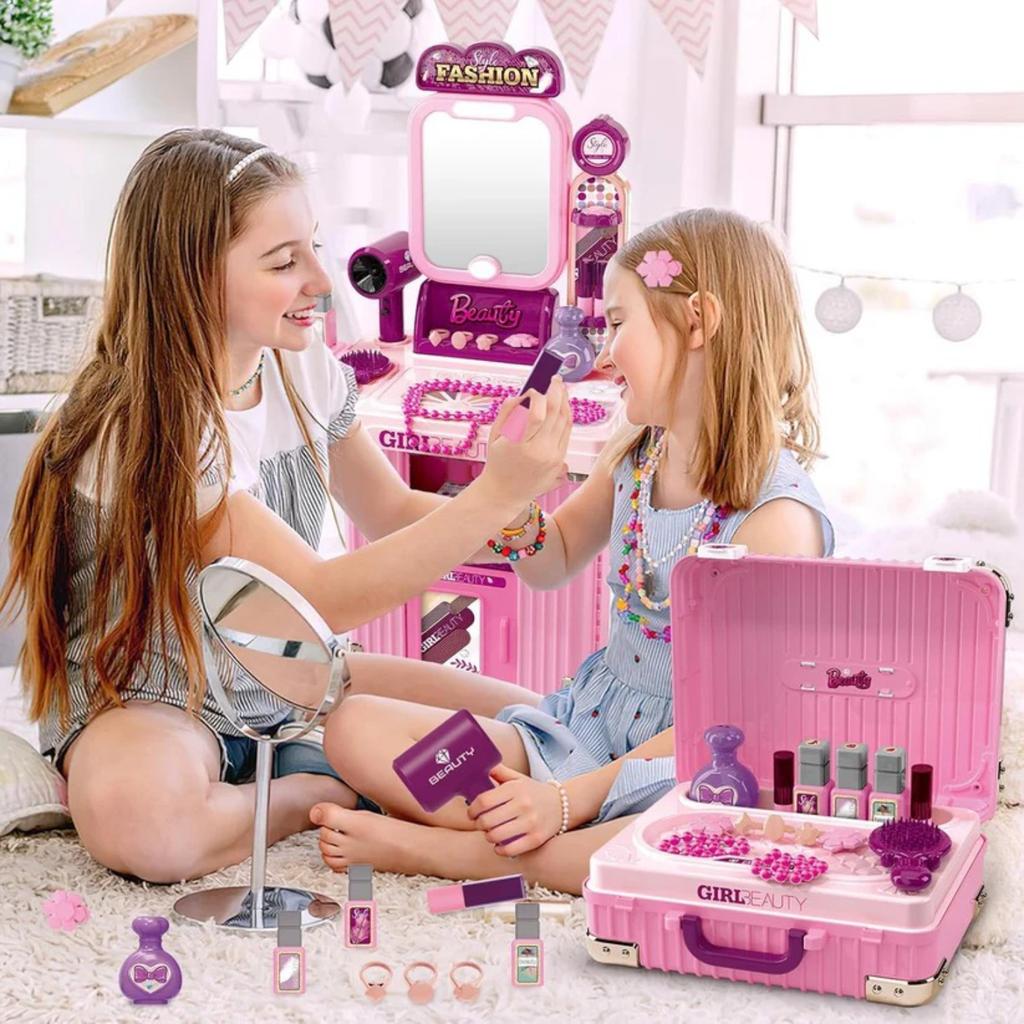 3 In 1 Toddler Vanity Makeup Table Girls Vanity & Suitcase Fashion Set Pretend Play Travel Suitcase Fashion Beauty Set for Girls