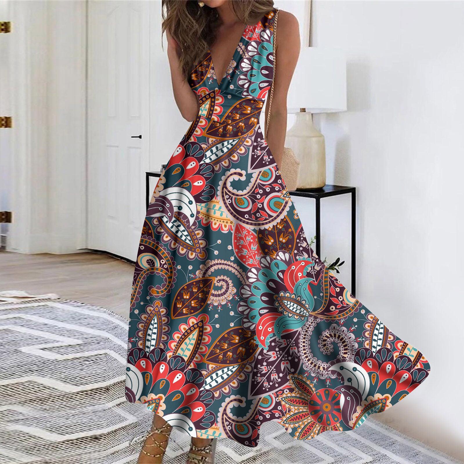 

Женское длинное платье Платье макси Повседневное платье Летнее повседневное платье без рукавов с v-образным вырезом в стиле бохо с талией и принтом XXXL светло-коричневого