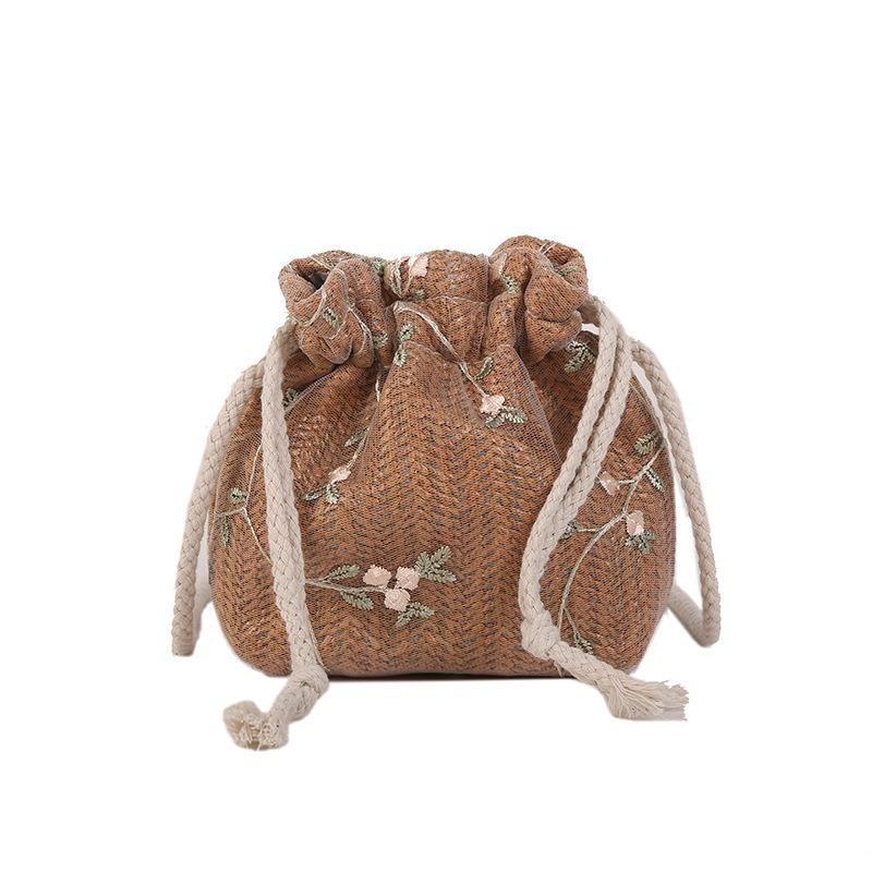 Floral Canvas Bag Bucket Straw Bag Women's Small Fresh Lace Fashion Shoulder Crossbody Bag
