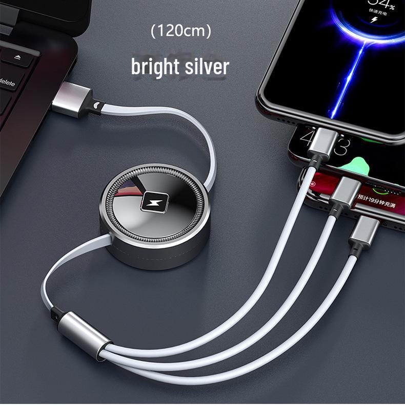 66W Fast-Charging Retractable 3-in-1 Data Cable with Storage & Electroplated Type-C