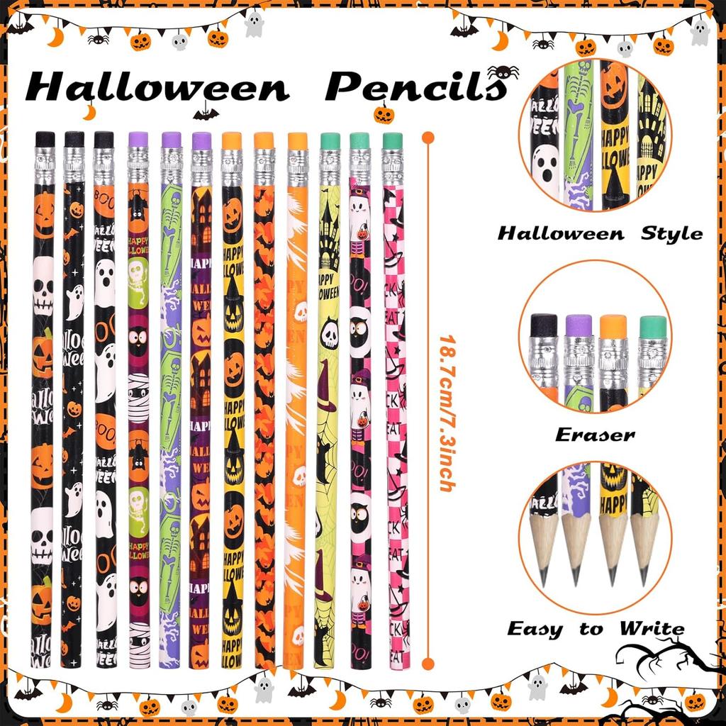 48 Pieces Halloween Pencils with Eraser Assortment Halloween Themed Pencil Ghost Pumpkin Skeleton Bat Spider Wooden Pencils for Halloween Party Favor