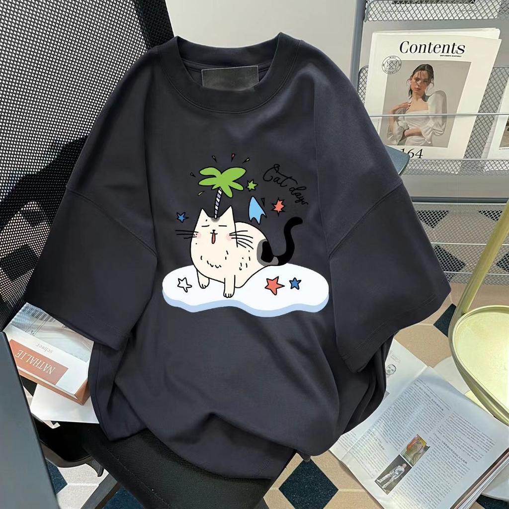 100% Pure Cotton American-style Printed Cartoon Cat Short-sleeved T-shirts for Men and Women, Loose Half-sleeved Couple In Summe