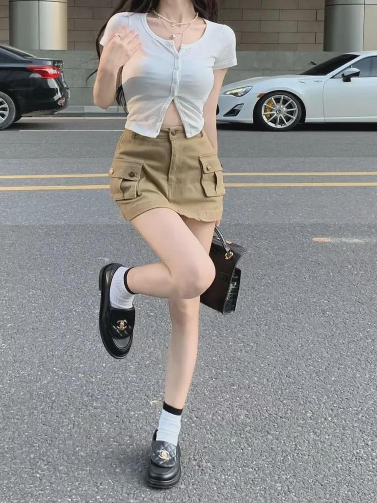 2023 Trendiger Khaki A-Linien Denim Workwear Rock für Damen - Sexy Sommerstil mit Taschen