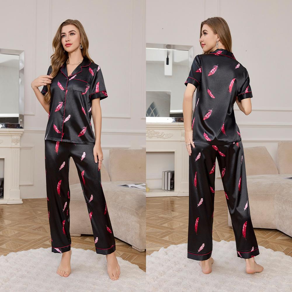 Yaoting ice silk pajamas women's summer short-sleeved trousers loungewear set high-end printing two-piece set TZ1111