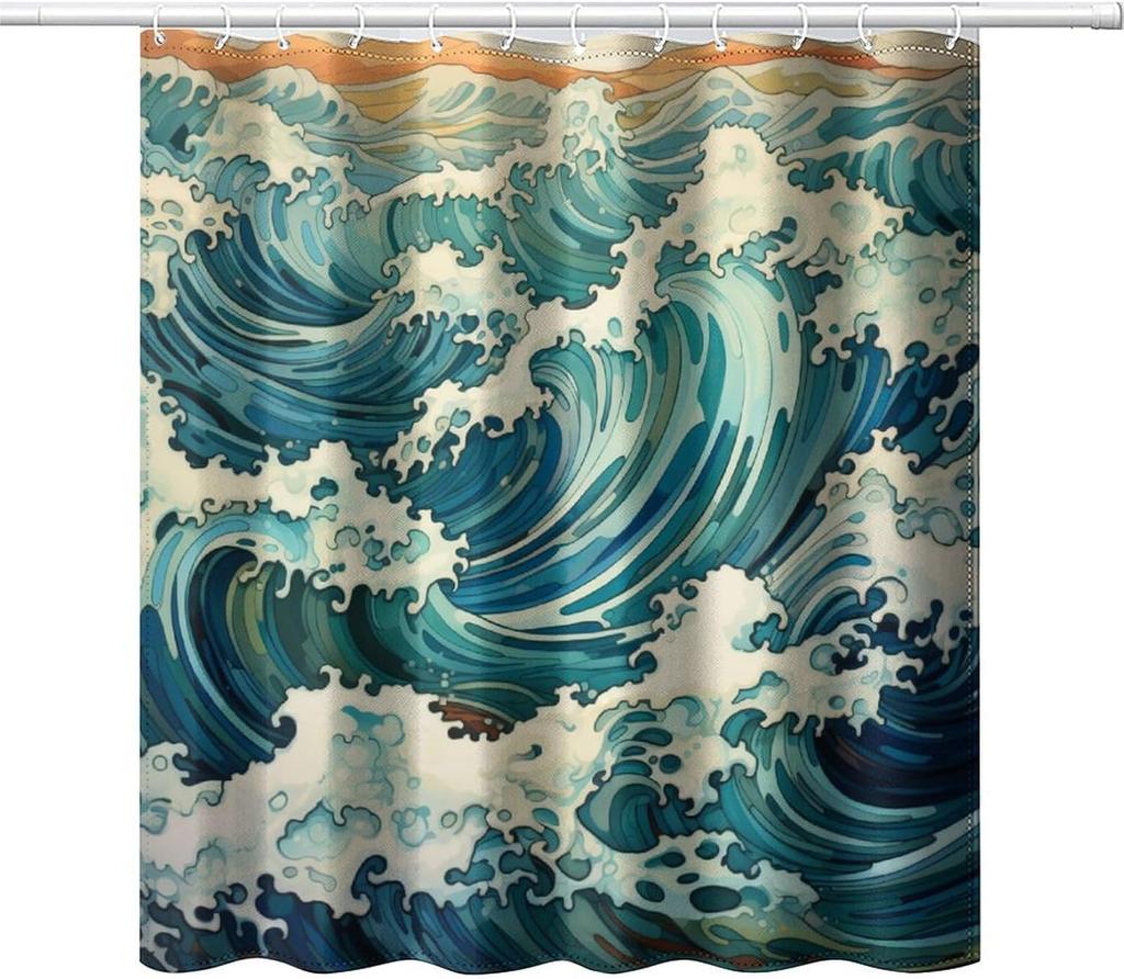 Japanese Wave Art Shower Curtain, Retro Monochrome Abstract Wave Decorative Bathroom Curtain, Asian Style Ocean Theme