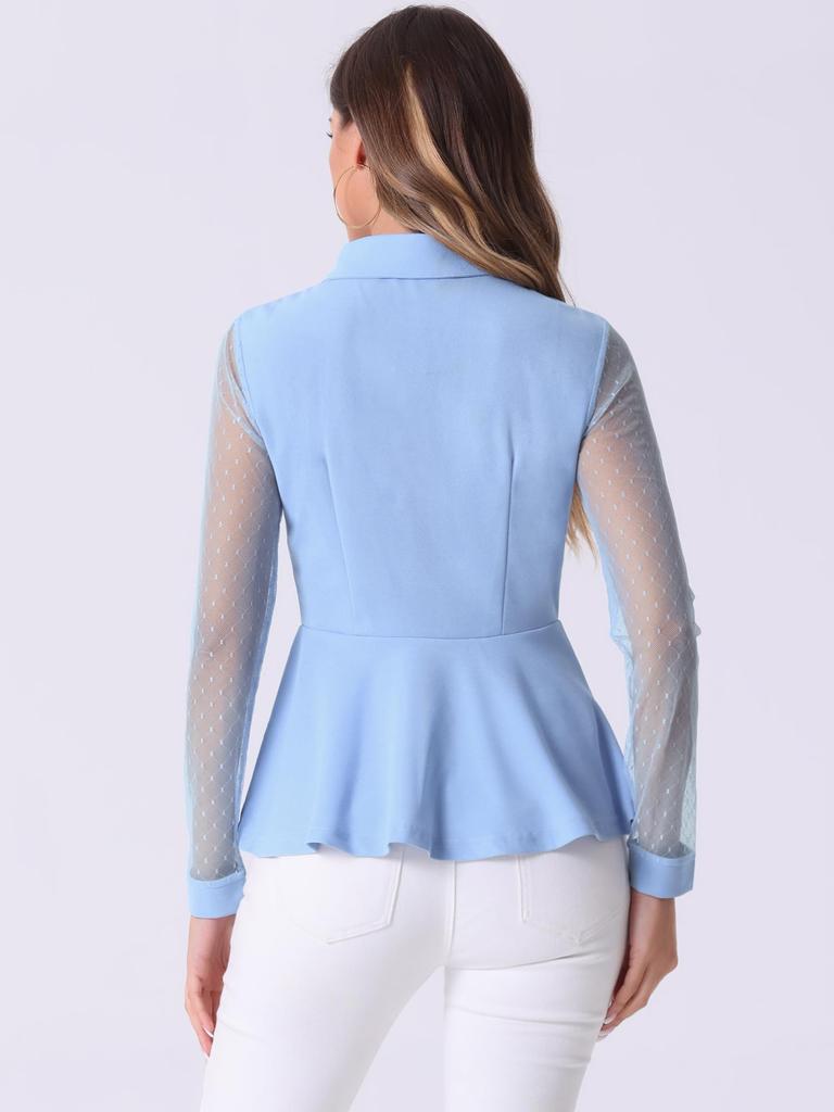 Allegra K Round Collar Blouse with Long Mesh Peplum Sexy Polka Dot Slimming Shirt for Office Light Size XL Women's See-Through Sleeves, Top, Shirt,