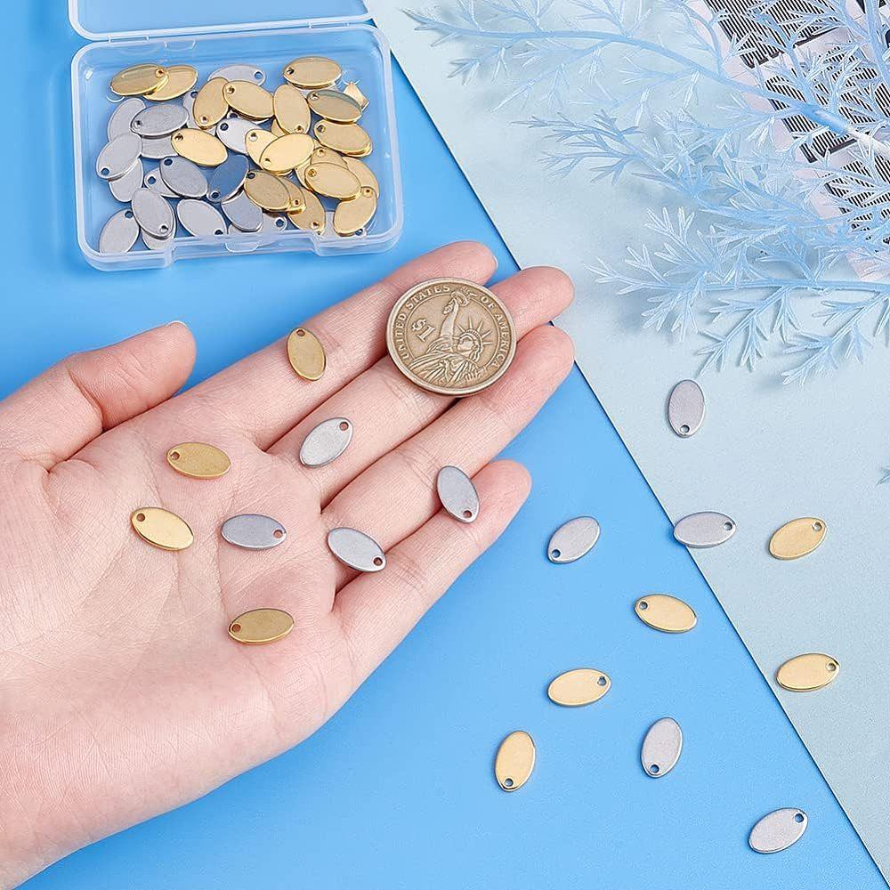60Pcs 2 Colors 304 Stainless Steel Charms Stamping Blank Tag Oval Golden & Stainless Steel Color 12.5x7.5x1mm Hole: 1.5mm 30pcs/color