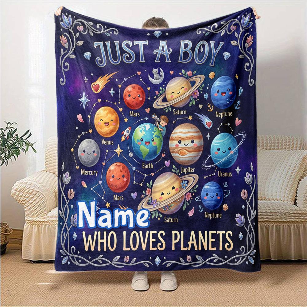 Planets Boy Cosmic Love Customize Your Name Home Blanket Cute Planets Theme Comfortable Soft Lightweight Multiseason Blanket For Picnics Sofas Offices