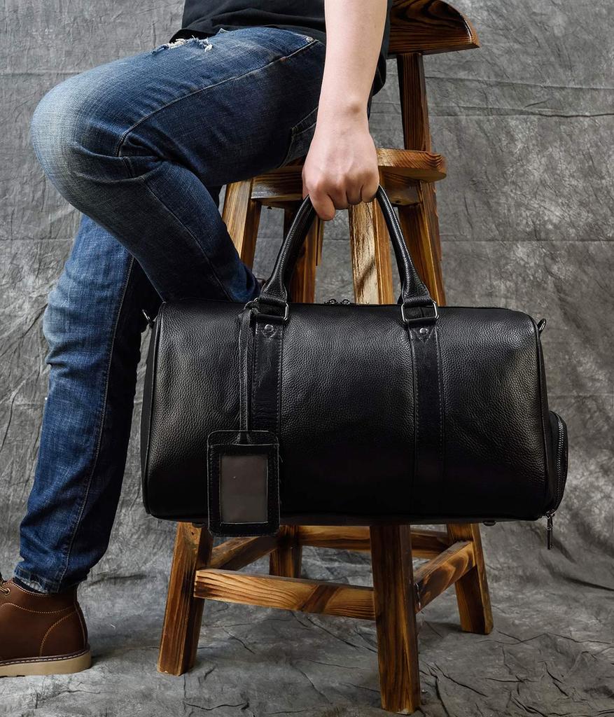 Genuine Leather Boston Bag with Shoe Travel Cowhide Leather with Perfect for Golf Black Men's Compartment, 2-Way Carry-On Bag, Studs, Two-Night Trips,