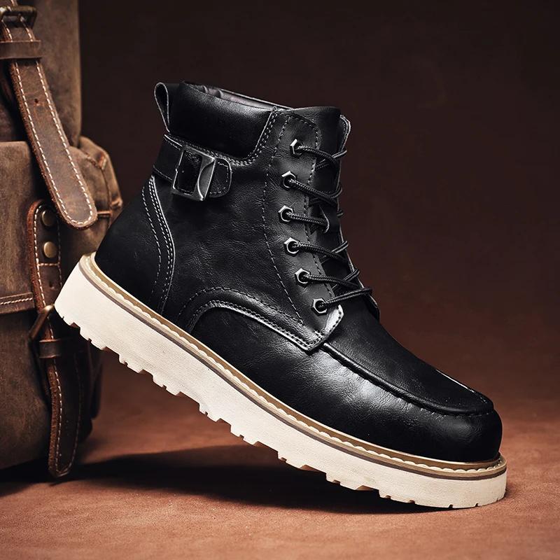 Rutschfeste Herren Freizeitschuhe aus Leder Retro-Stil Herren Stiefeletten zum Schnüren Einfarbig Belüftet Motorradstiefel Freizeitspaziergang Basic Schuhe