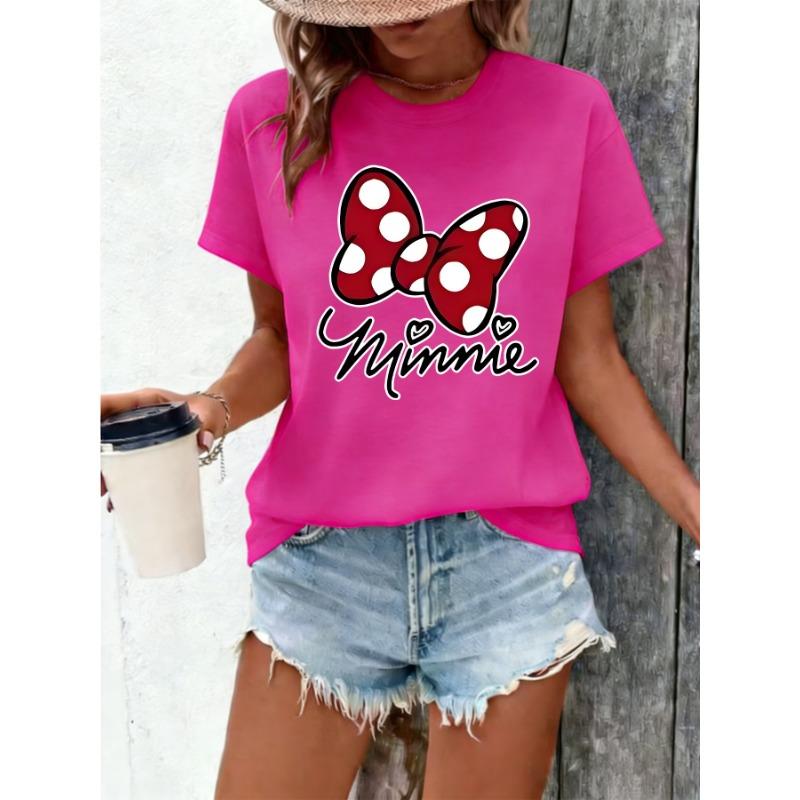 

Minnie style red polka dot bow and handwritten Minnie pattern summer new women s T-shirt short sleeves S