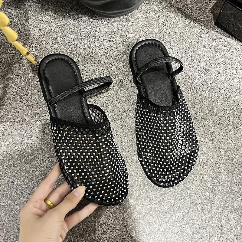 Round Toe Flat Bottom Sandals Half Slippers Women Flat Shoes Ladies Mesh Beach Slides Outside Mules Designer Gladiator Sandals