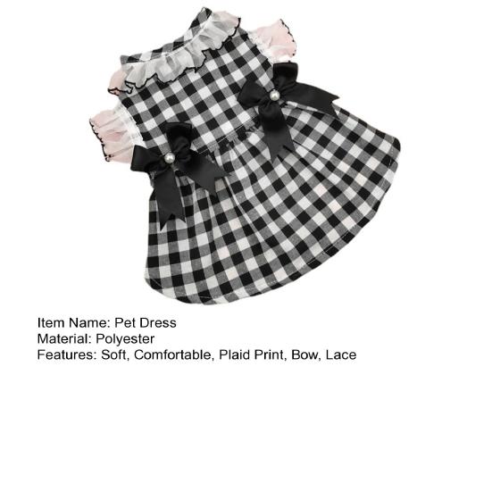 Yousheng Dog Dress Round Neck Lace Patchwork Fake Pearls Decor Plaid Print Pet Dog Cat Princess Dress Daily Wear