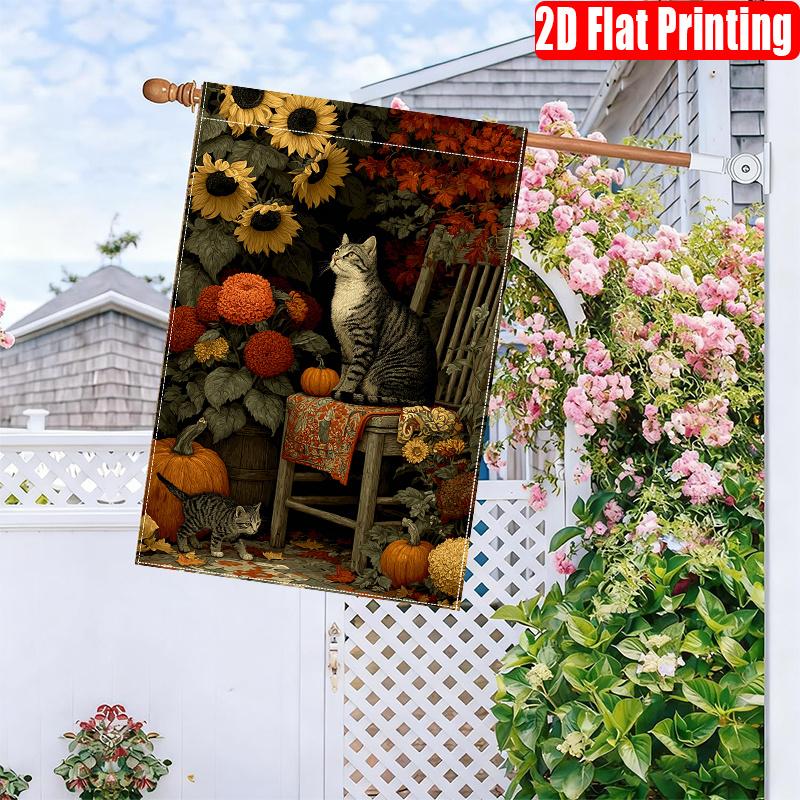 2D Flat - 2D Flat, 1pc Autumn Cozy Cat Pumpkin Sunflower Pattern Print Flag (1) 2D Double-Sided Garden Flag, Suitable for Indoor And Outdoor Decoratio
