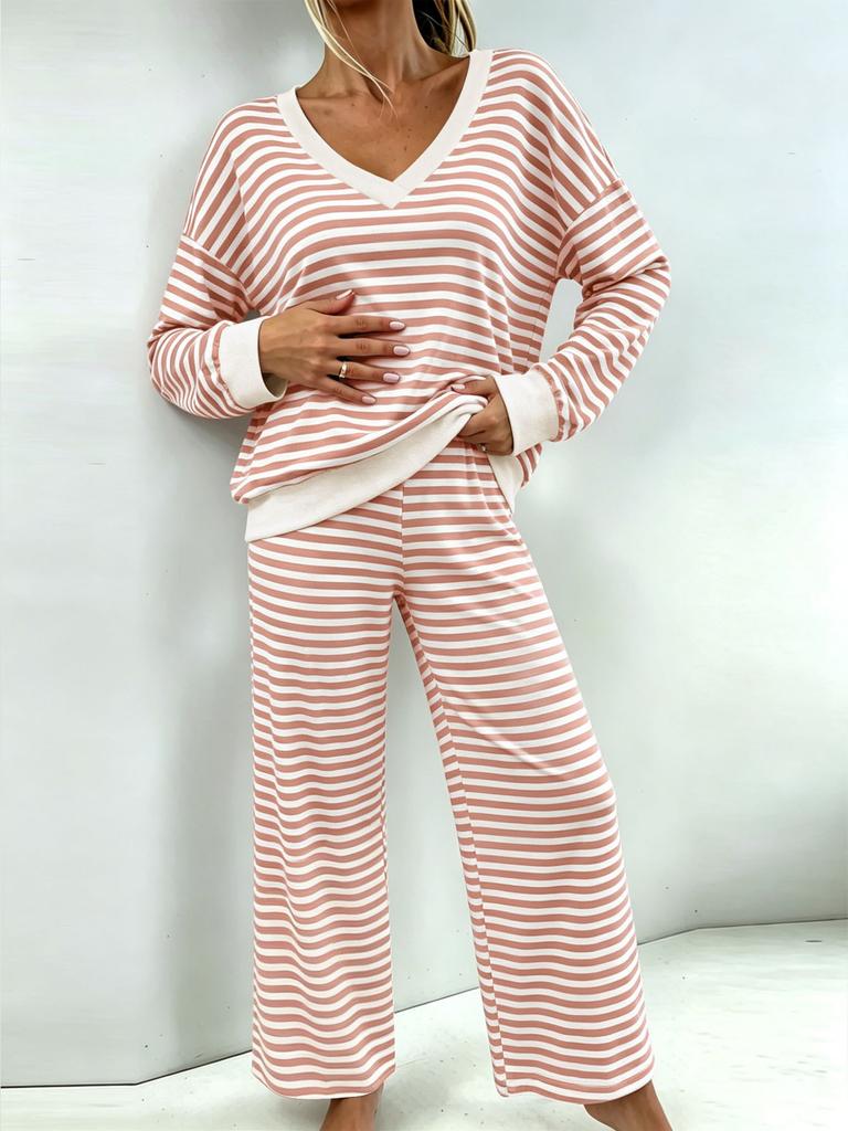 eBay European Striped V-Neck Home Suit Women's Loose Long Sleeve Wide Leg Pants Soft Skin-friendly Pajamas Two-piece Set
