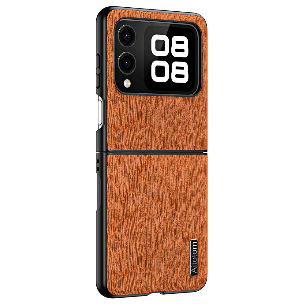 

For Huawei nova Flip 5G Case Wood Texture PU Leather Coated PC+TPU Phone Cover Brown