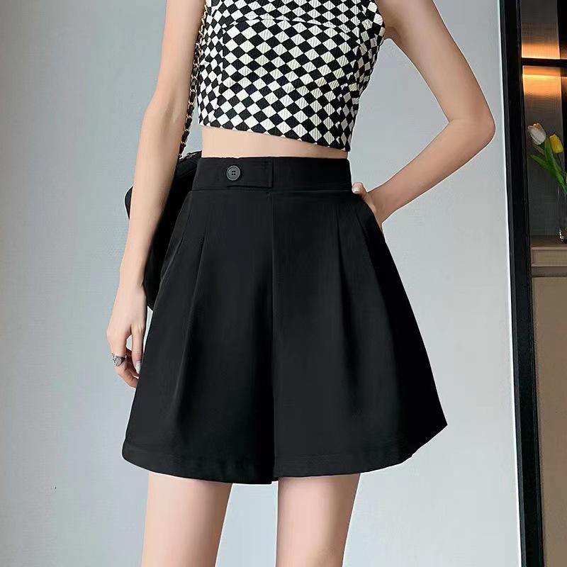 

Женские шорты с высокой талией, из черного ледяного шелка, с широкими штанинами - Летний стиль, стройнящие и повседневные. M чёрный