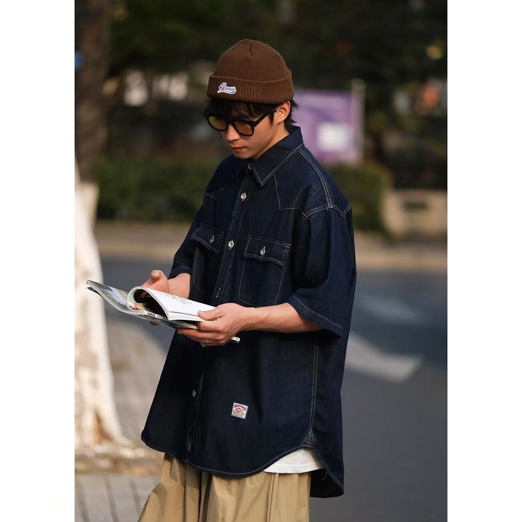 Japonská retro módní značka Letní volná džínová košile s krátkým rukávem Umělecká košile pro mladé Pracovní oděv Pánská a dámská vrstvená bunda
