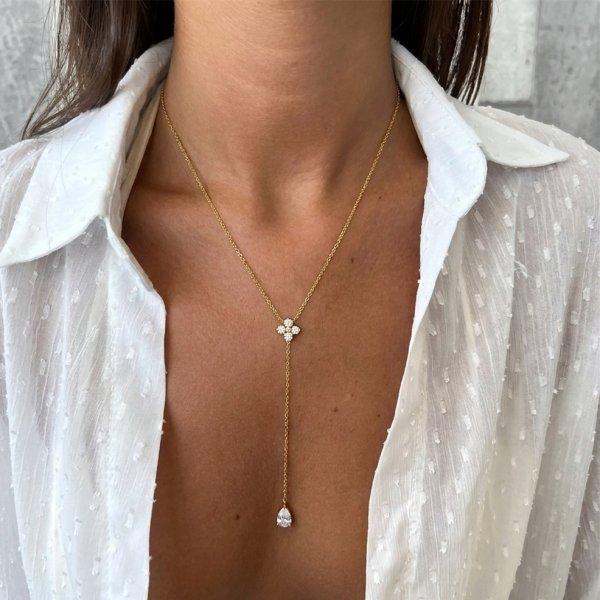 Stainless Steel Gold Color Zircon Flower Long Chain Drop Necklaces for Women Simple Metal Tassel Choker Party Aesthetics Jewelry