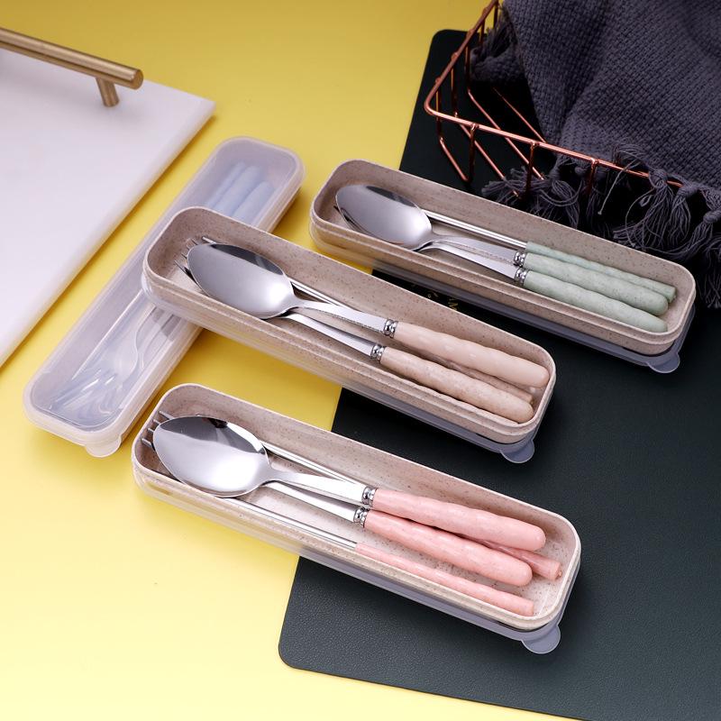 Wheat Straw Stainless Steel Portable Cutlery Set: Fork, Spoon & Chopsticks for Students, Office, and Travel