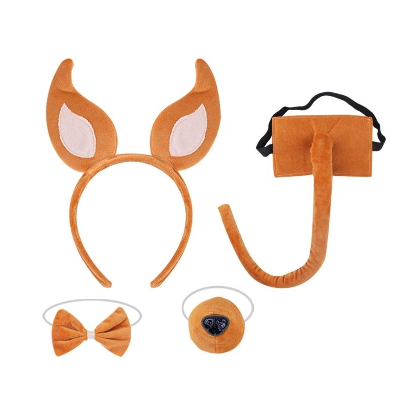Dogs Hair Hoop Set Foxes Ears Headband Plush Tail Bowtie False Nose Animals Costume Set for Halloween Cosplay Party