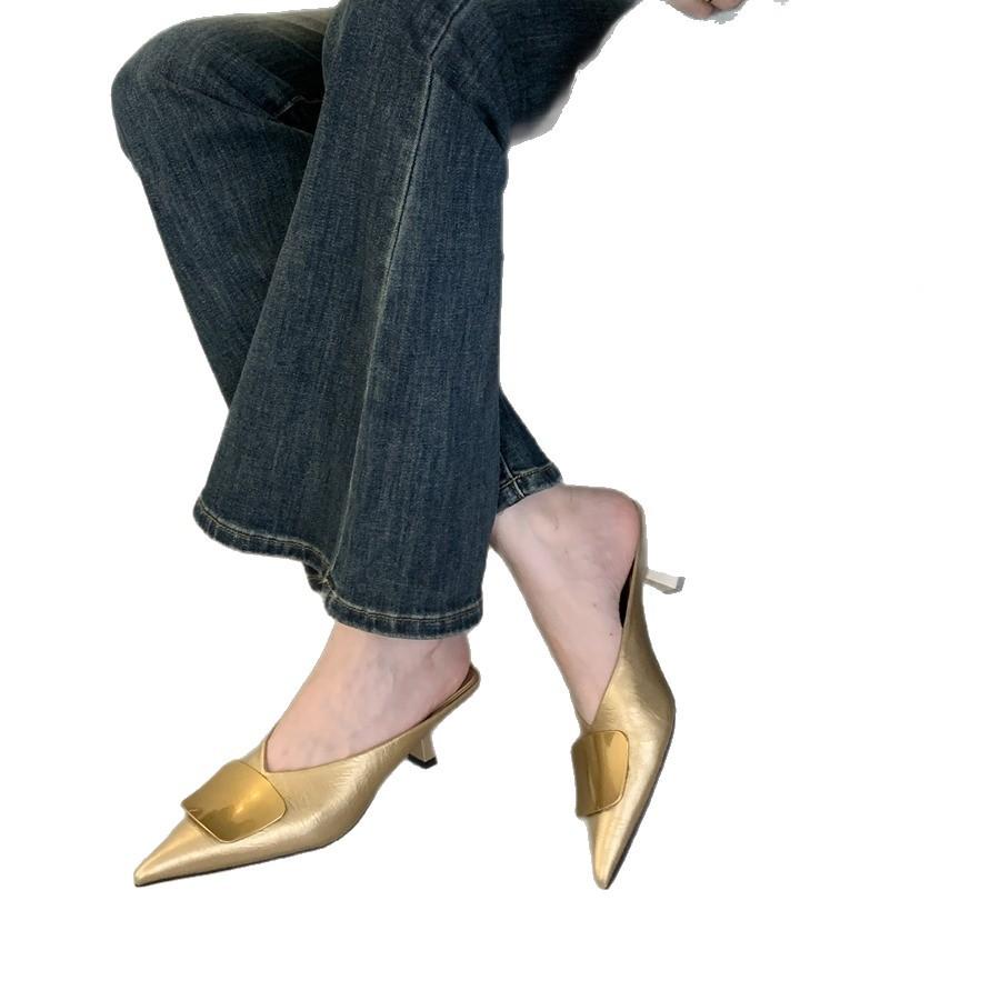 2025 summer new metal buckle pointed head thin heel bag head slippers women wear sandals muller shoes half slippers