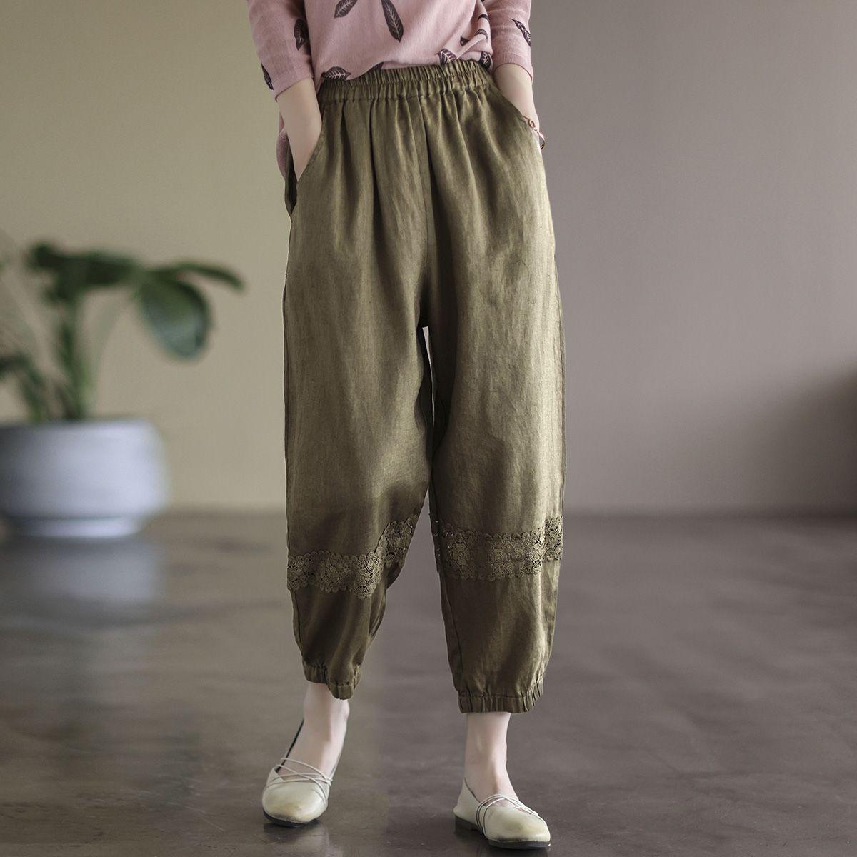 

Women s Summer Lace Embroidery Cotton Linen Harem Pants - Elastic Waist, Loose, Artistic Thin Style Crop M (85-105 lbs)