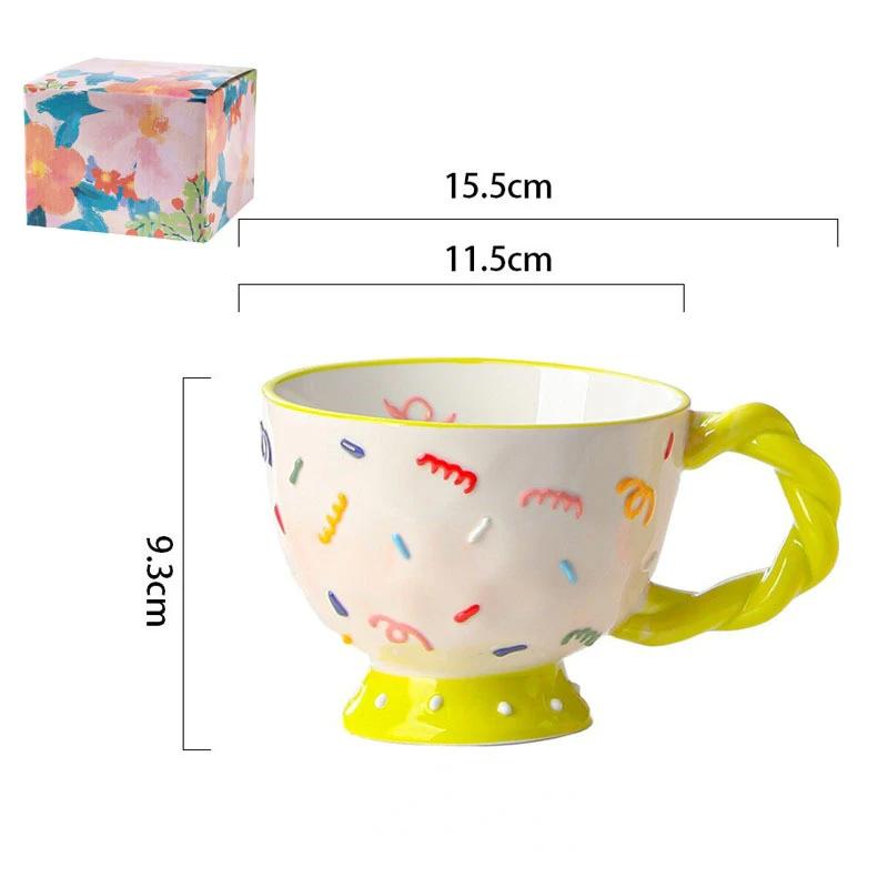Cute Ceramic Mug Hand-painted Embossed Breakfast Cup 450ML Home Oatmeal Cups Breakfast Mugs Creative Milk Cups Coffee Cups