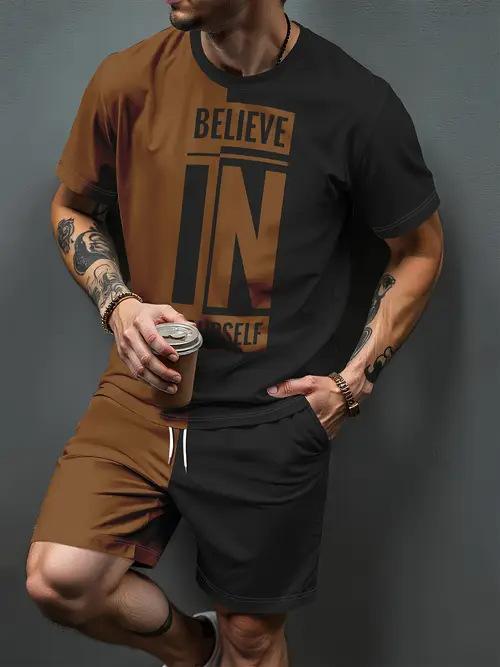 Gradient Letter Pattern 3D Print Tracksuits Men Casual Short Sleeve T-Shirt Shorts Sets 2pcs Sportswear Suits Man Clothing