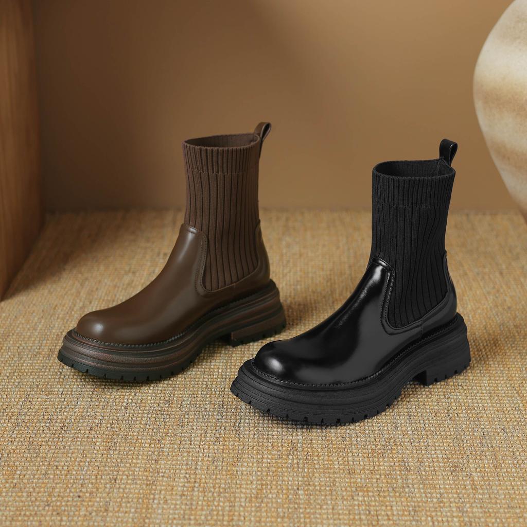 Krazing Pot Microfiber Autumn Winter Shoes Thick High Heels Flat Platform Size 43 Motorcycle Boots Knitwear Non-slip Ankle Boots