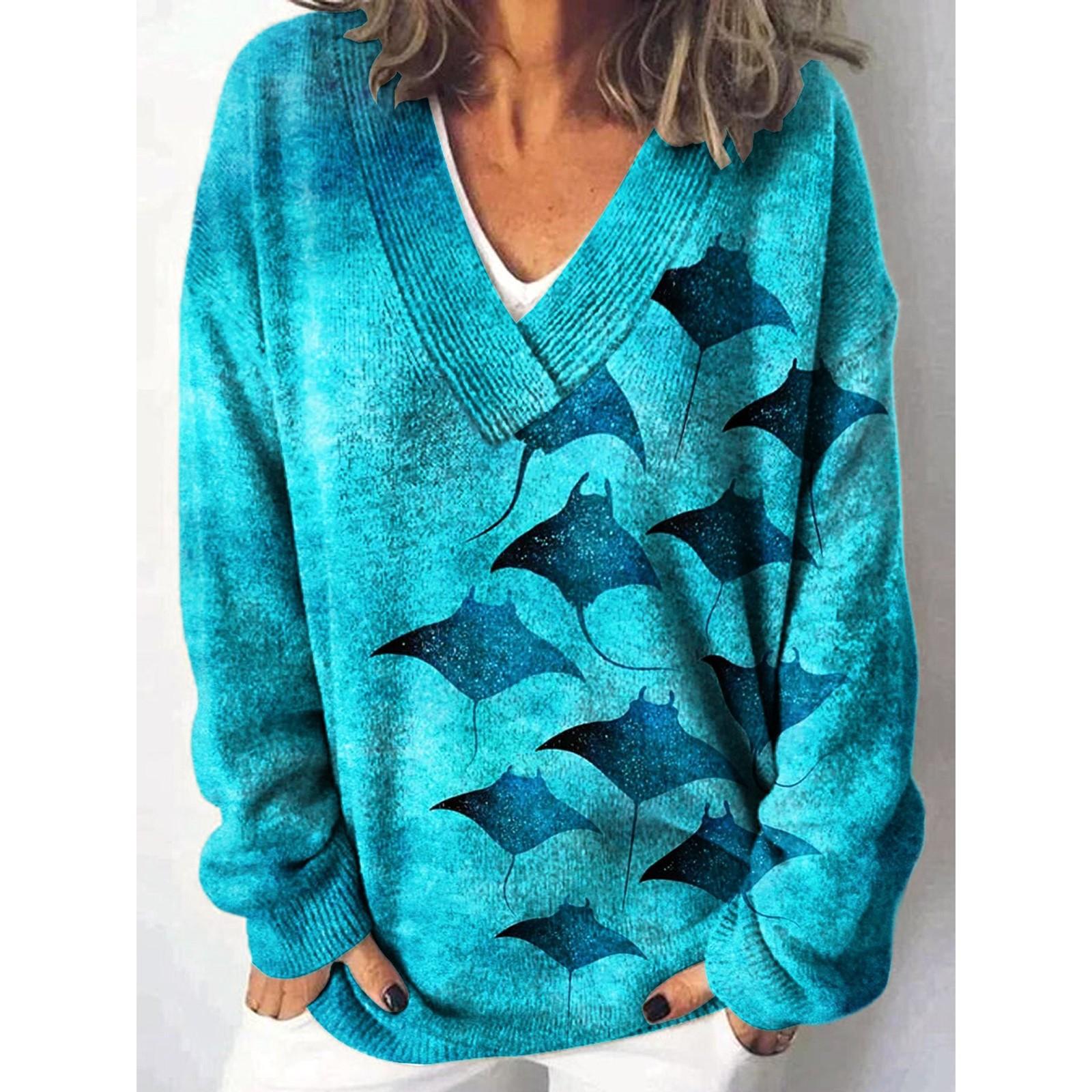 

Женский повседневный и модный принтованный круглый вырез свитер-топ L циан