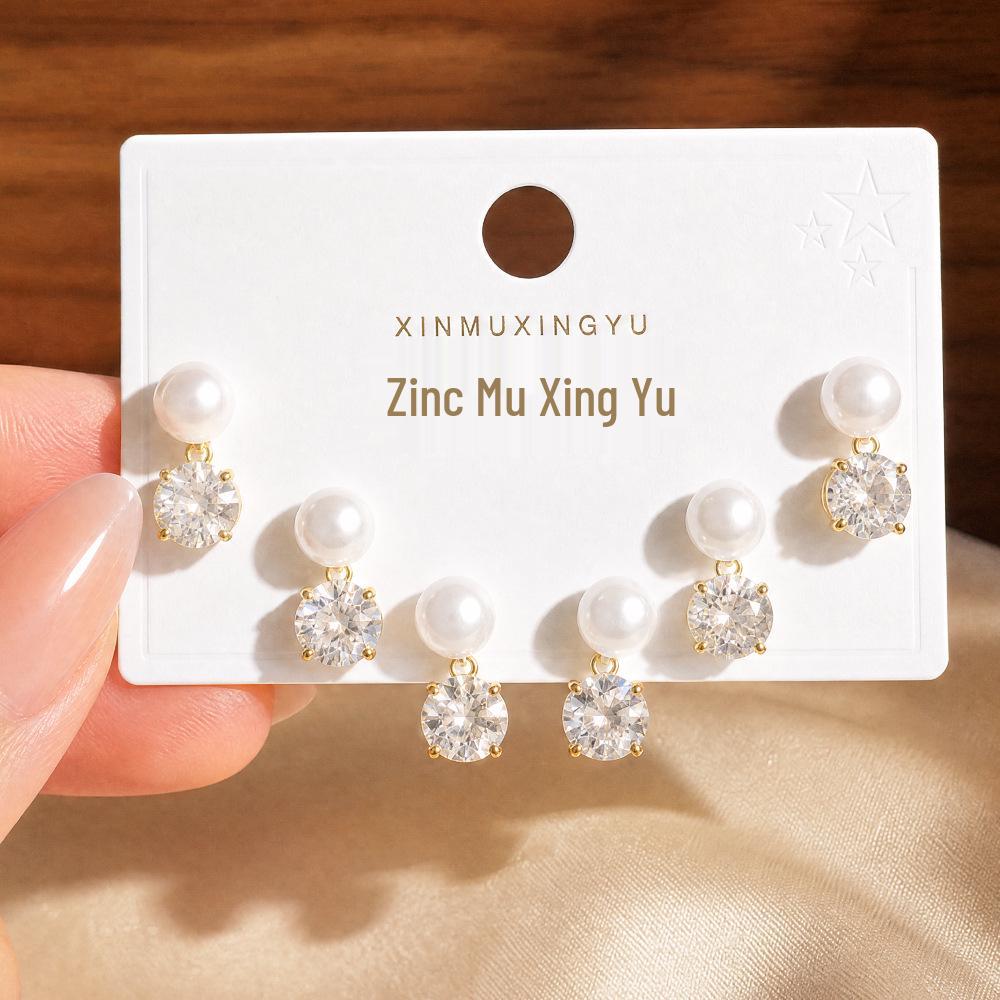 Copper-Plated Gold Zirconia Earrings - Trio of Light Luxury Pearl Studs for Women Thick 14k Real Gold Plating