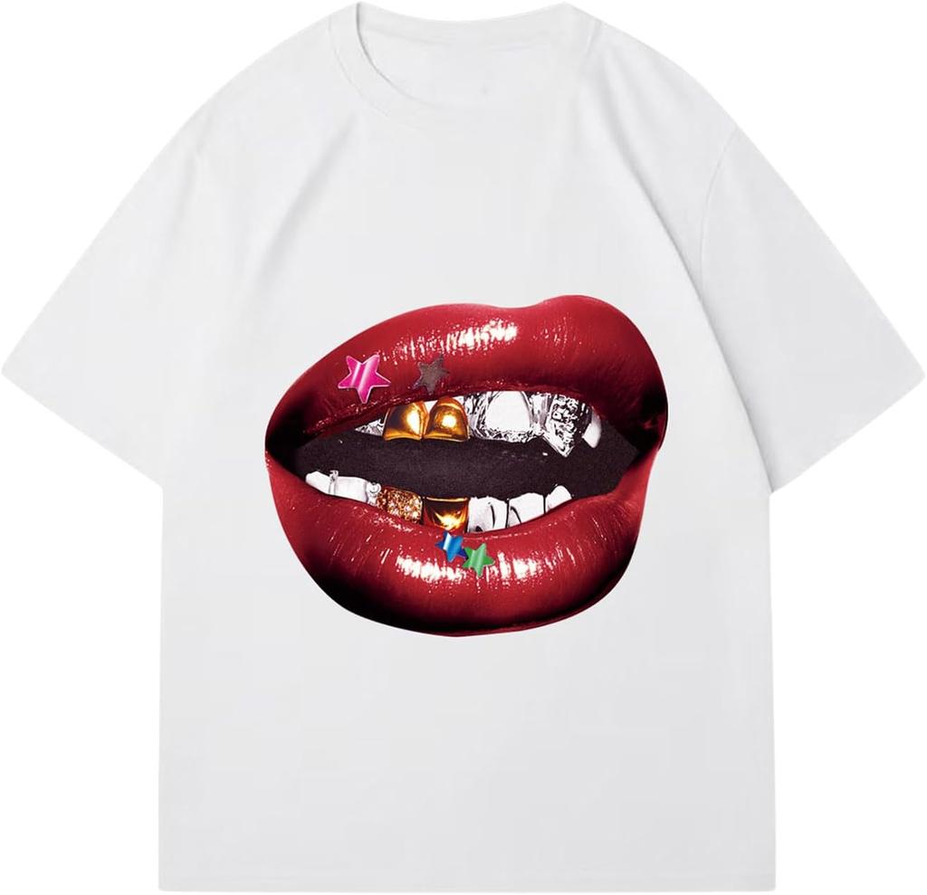 Chic Lips Zlaté zuby Vintage tričko Rock Goth Ležérní tričko Oblečení Pánské Oversized Bavlněné tričko Harajuku Y2k Topy Streetwear