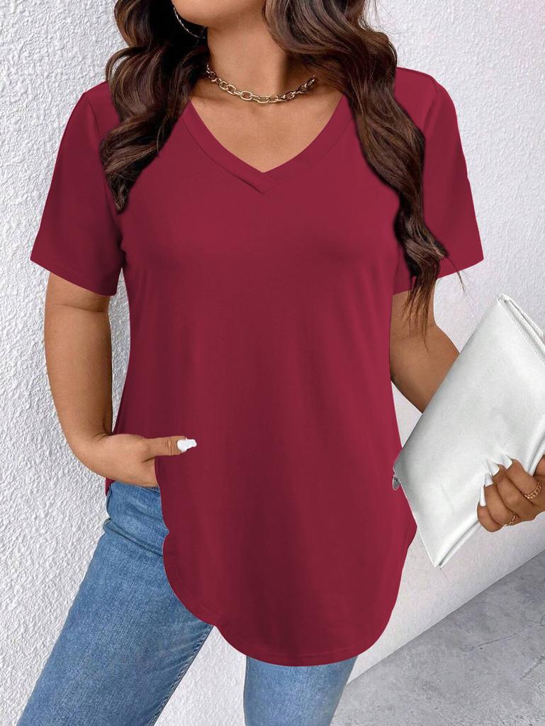 Women's V Neck Short Sleeve Tunic Top Loose Fit Casual Style Polyester Solid Color Curved Hem Long Tee Plus Size Summer Shirt