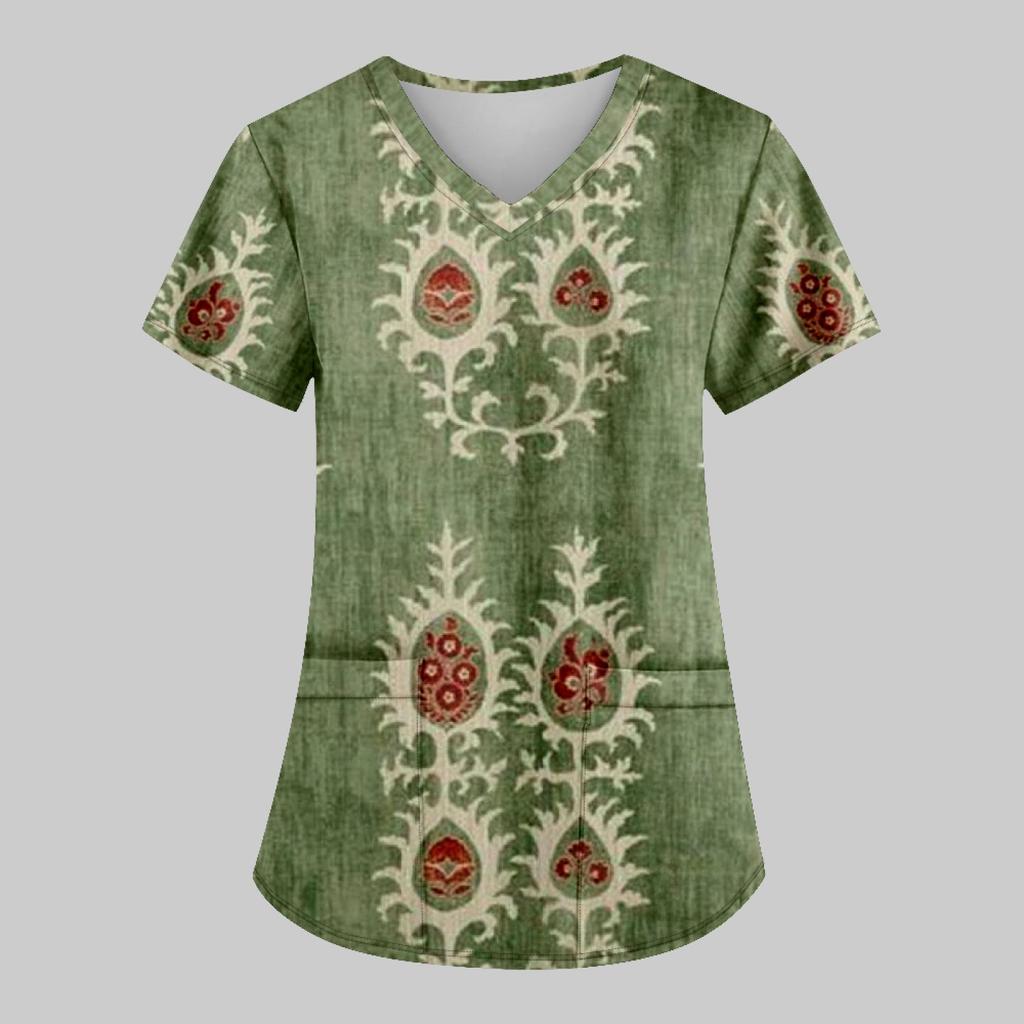 Women's Fashion Printed Work Uniform With Pocket T-Shirt Short Sleeve Top