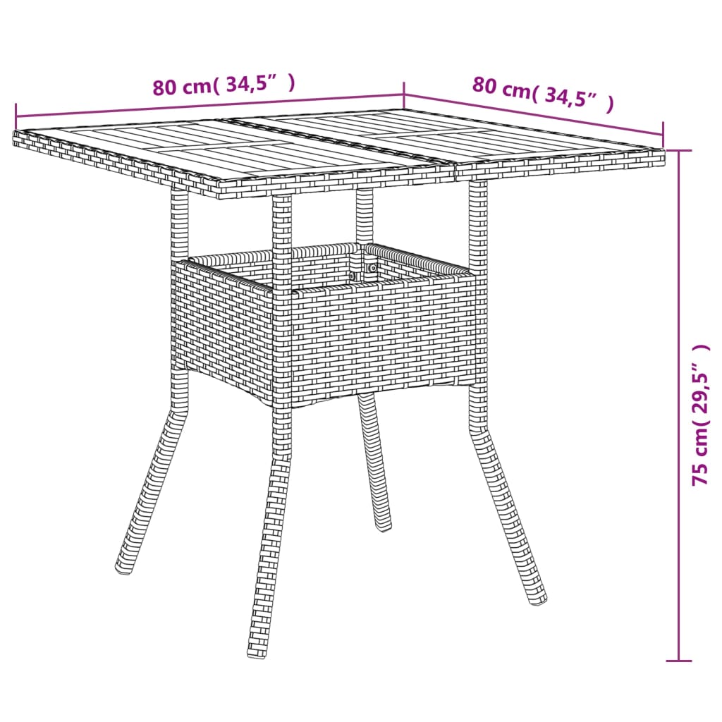 Garden Table with Acacia Wood Top Gray 80 x 80 x 75 cm Poly Rattan