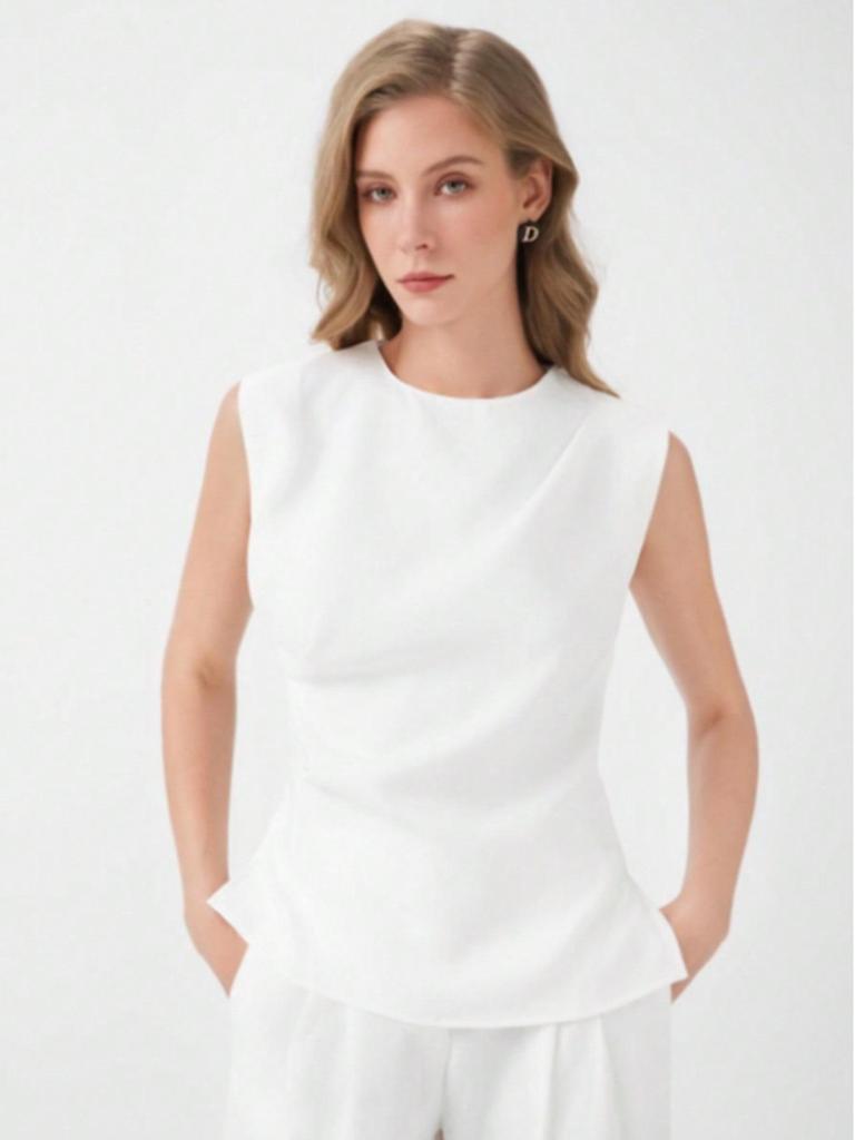 Summer Pleated White Sleeveless Top - Women's Fashion Vest for Workplace Commute