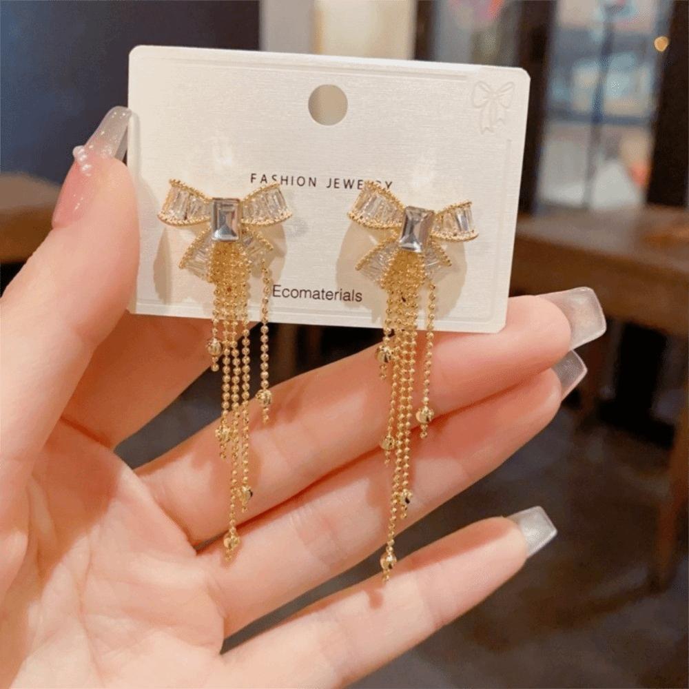 Fashion Long Tassel Butterfly Earrings Shiny Crystal Sweet Bowknot Tassel Earrings Zircon Drop Earrings Women Jewelry
