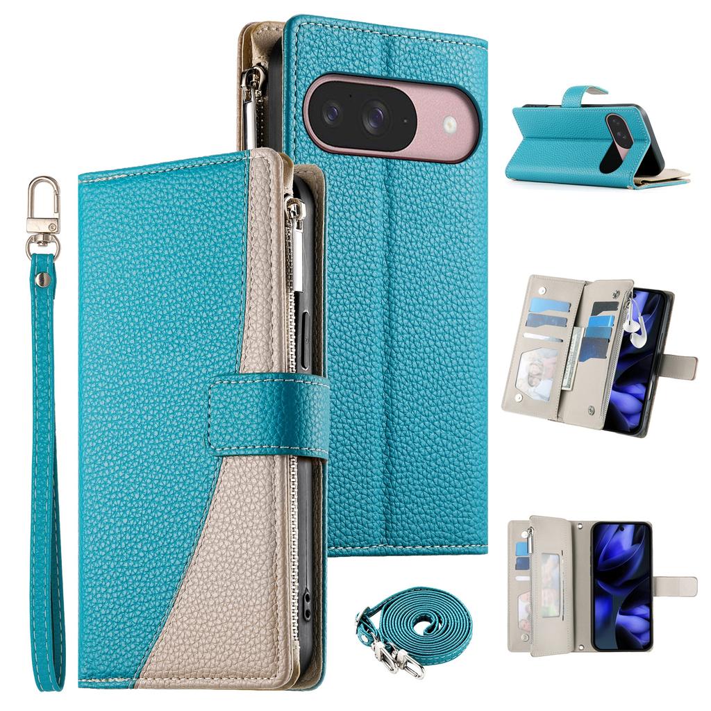 Leather Case For Google Pixel 10 Pro/10/9 Pro/9 Zipper Wallet Color Splicing Flip Phone Cover with Straps