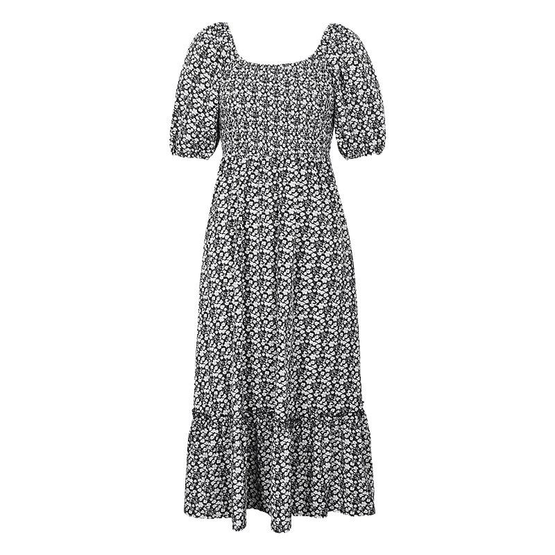 Summer three-quarter puff sleeve black and white floral dress