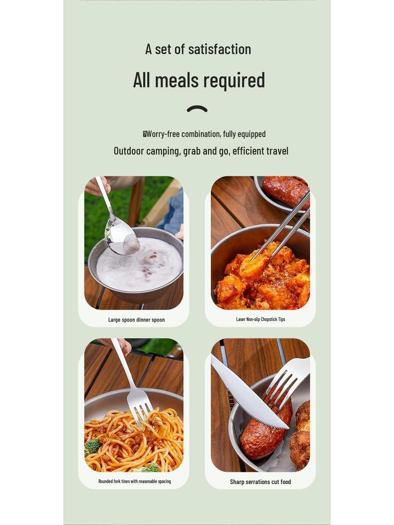 Stainless Steel Cutlery Set with Storage Bag: Chopsticks, Spoon, Fork, Knives, and Bowls for Outdoor Camping and Picnics.