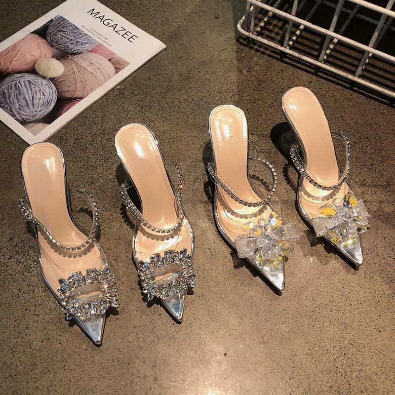 Fashion 2025 New Pointy Transparent Line With Flip-Flops Female Baotou Diamond Flower Fairy Socialite Glass High Heels