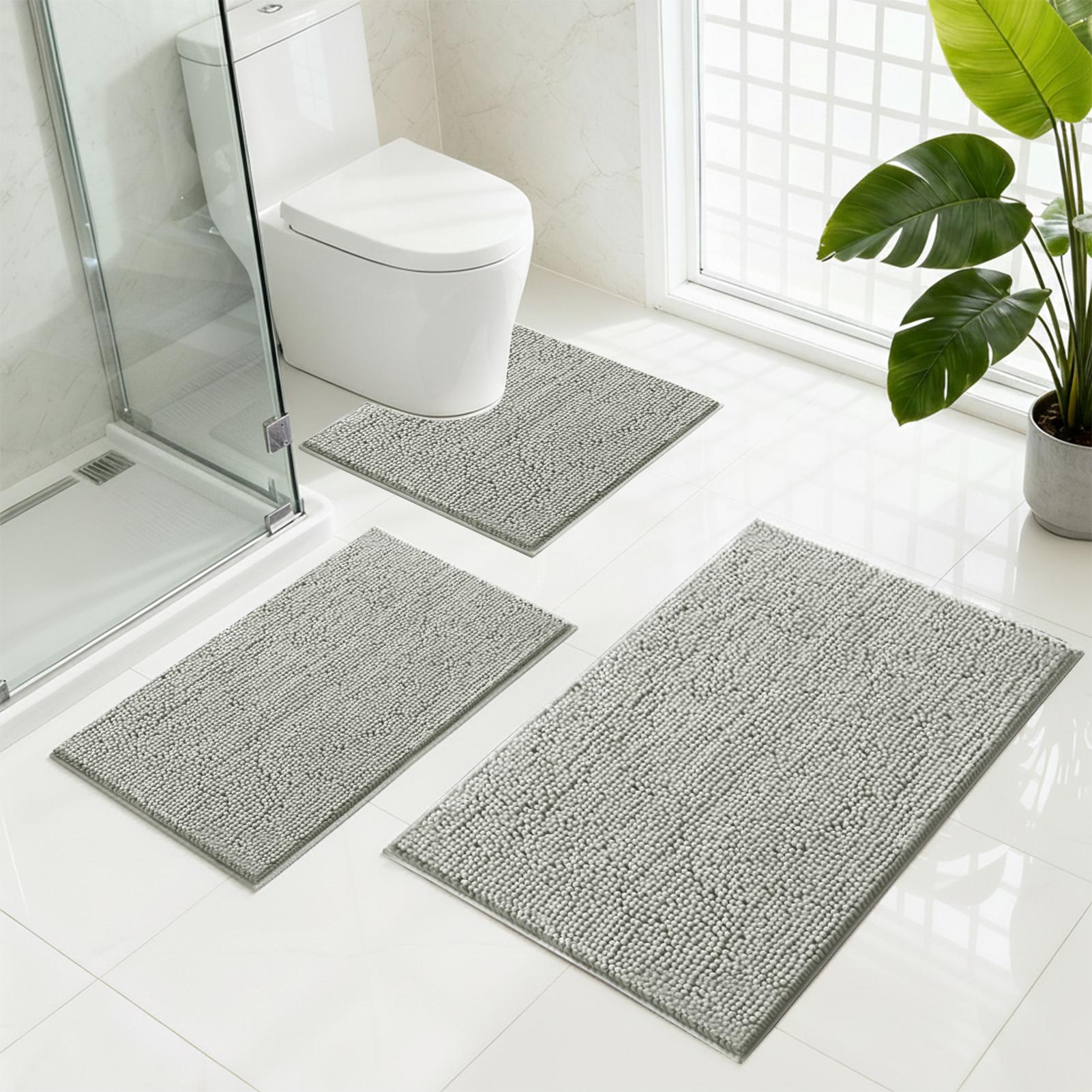 

Absorbent Bathroom Rugs Set Non Slip 3 Piece Bath Mat Washable Chenille Bath Rugs Bath Tub Carpet Bathroom Mats with Toilet Rug 3CM Long Plush светло-серый