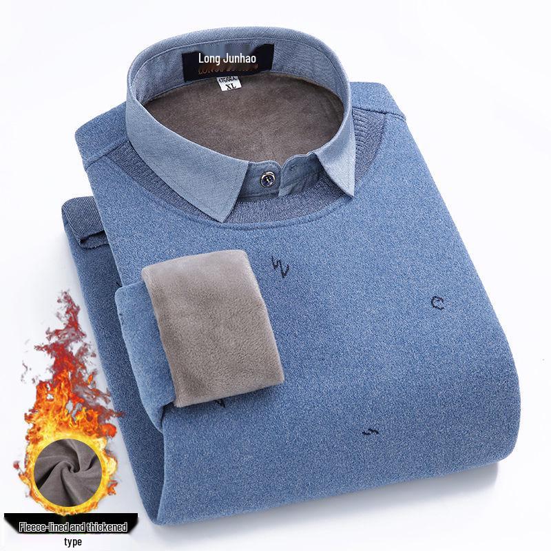 Men's Loose Knit Sweater with Faux Two-Piece Shirt Collar, Fleece-Lined, Thick Warm Winter Stand-Up Collar Top