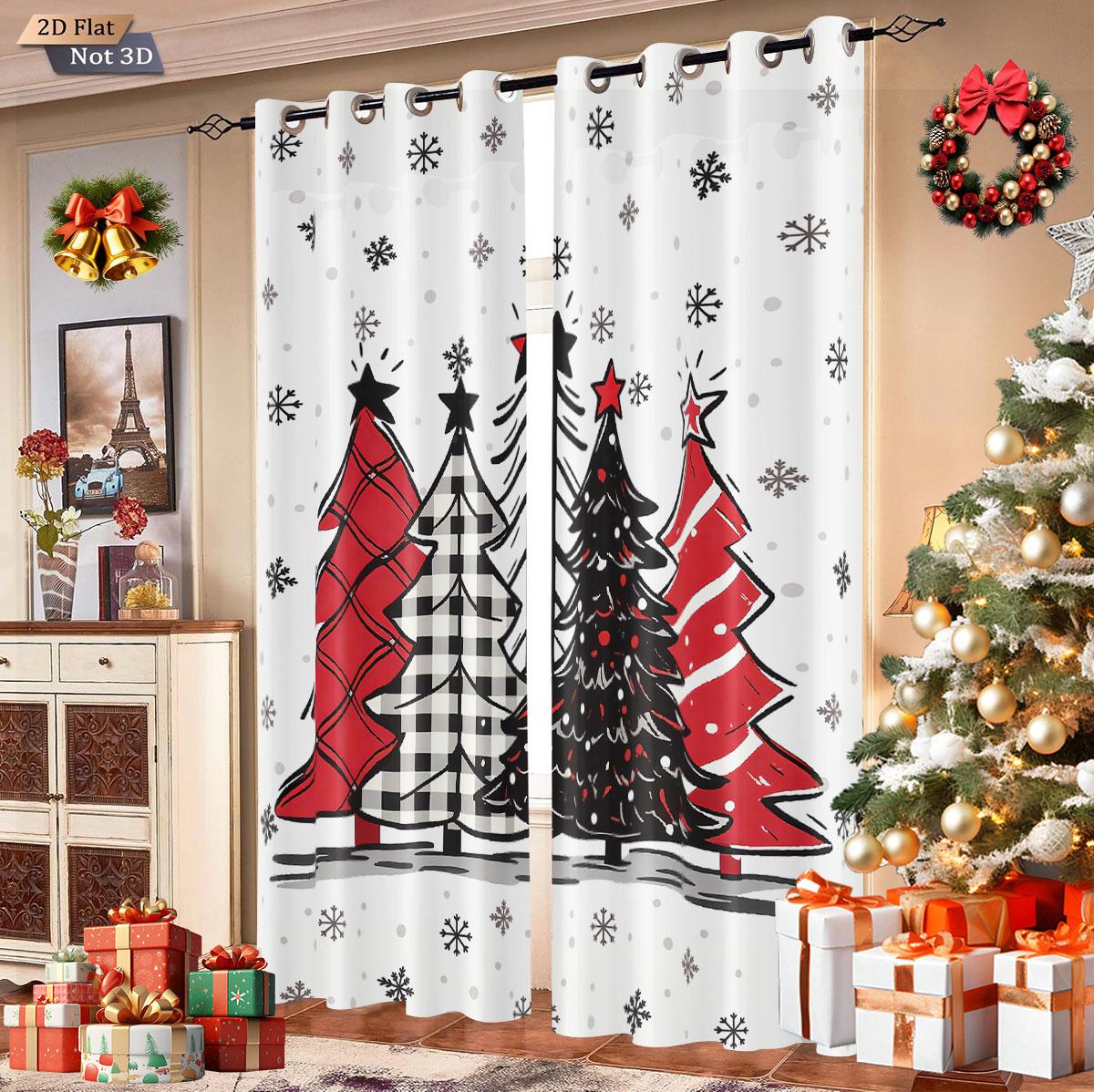 

Set Of 2 Christmas Tree Print Perforated Curtains Multi Size Living Room Insulation Holiday Decoration Darkening Made Polyester Machine Washable Area W100*H70(CM)-Grommet top&1PCS