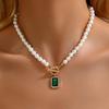 Versatile European & American Fashion Beaded Imitation Pearl Necklace with Emerald Pendant