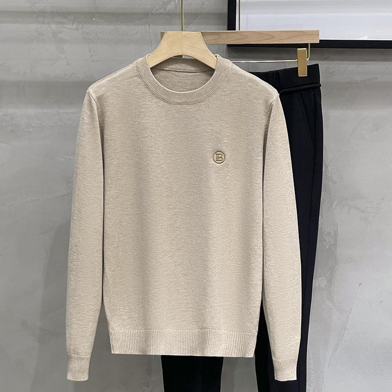 Men's Korean Style Slim Fit Round Neck Thick Knit Sweater - Warm Long Sleeve Base Layer for Spring and Autumn