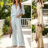 French Style Clothing Women Loose Casual Shirt Pants Set, Button Down Collar & Wide Summer Lounge Sets Leg Pants, Solid Color Matching Two Piece